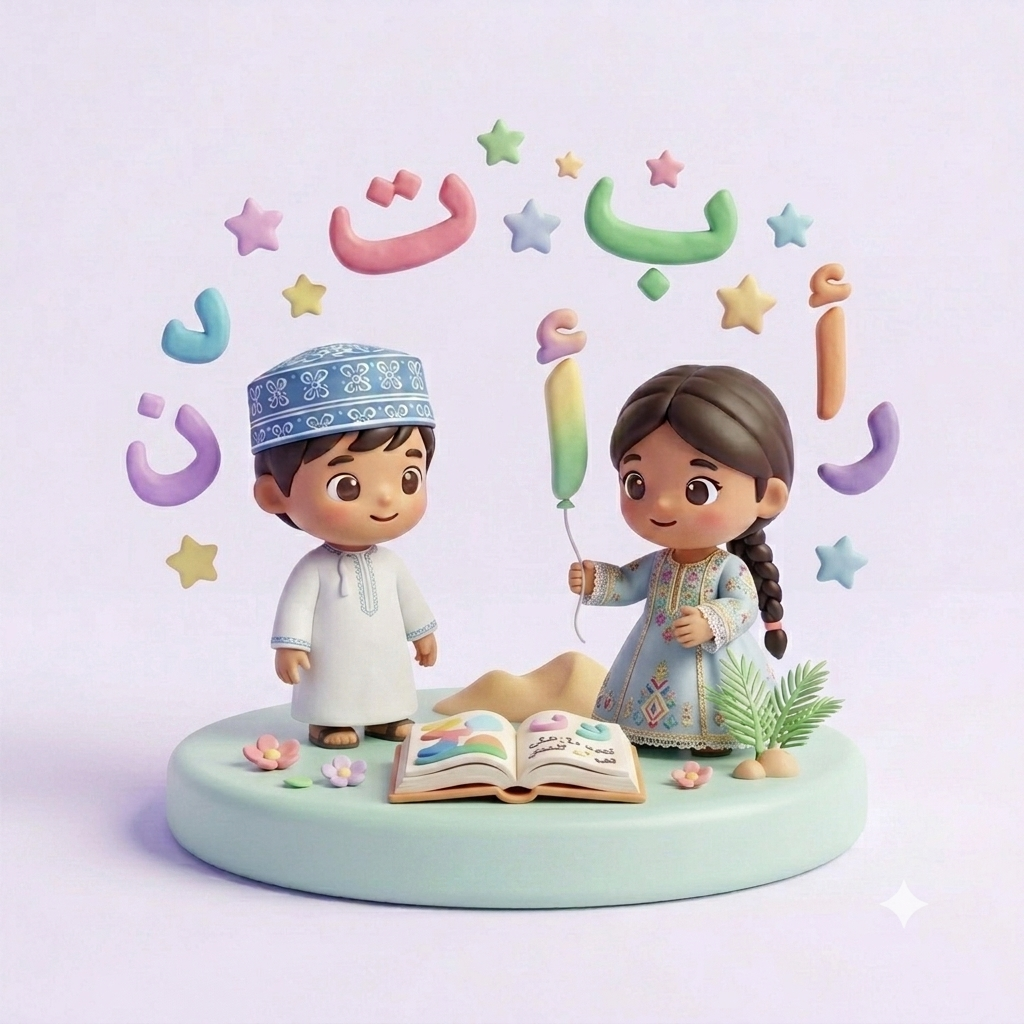 طفلان مع حروف عربية أ ب ت